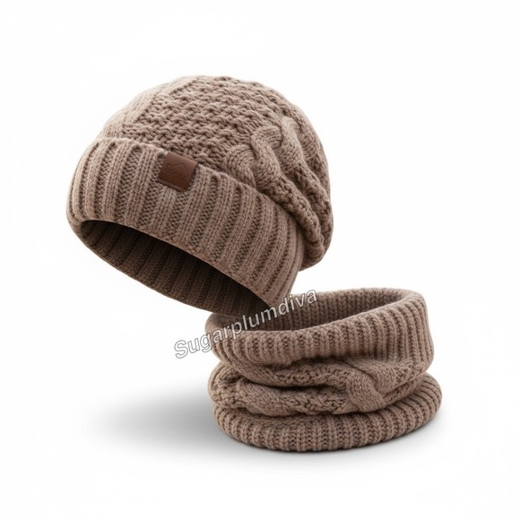 Cozy Winter 2pc Khaki Beanie Hat + Cable Knit Neck Warmer Skiing Hiking Camping - Picture 3 of 6